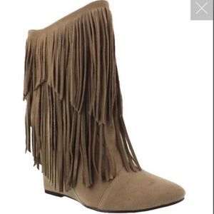 Fringe Wedge Boots in Taupe